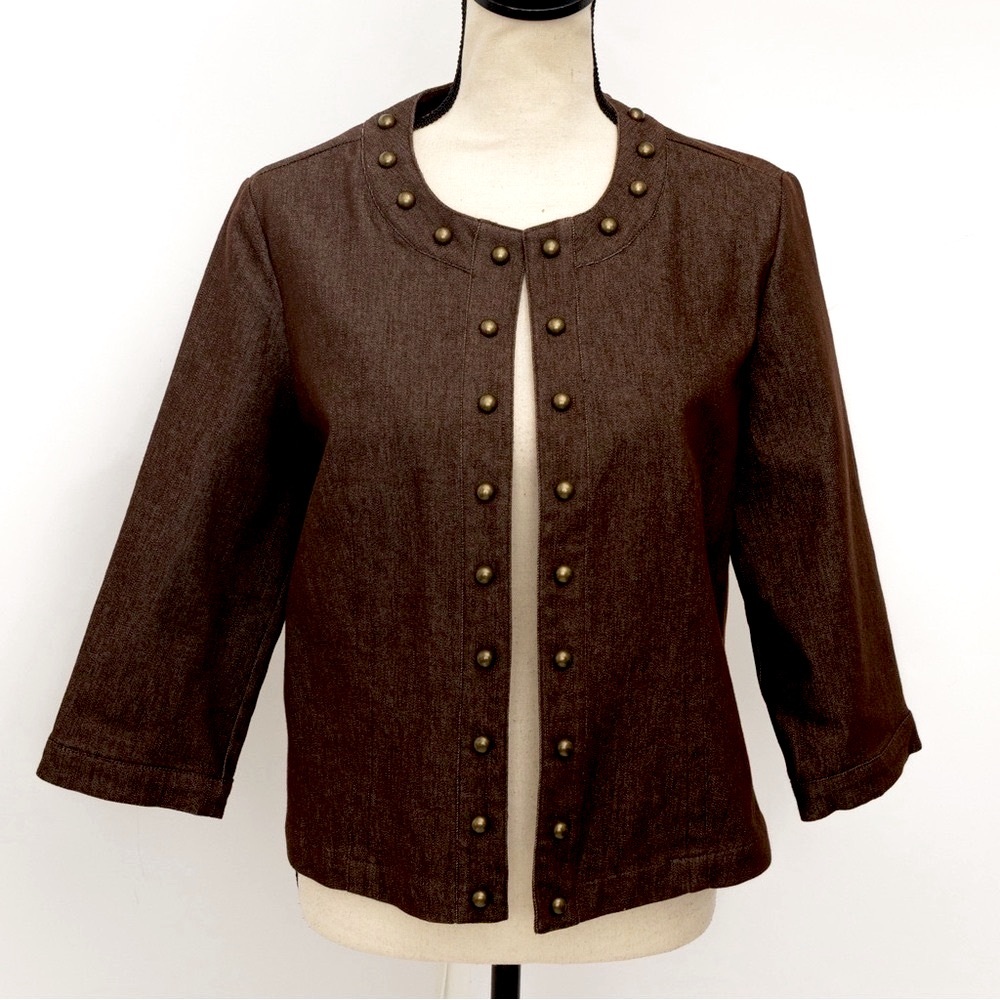 Chocolate denim jacket with antique gold studs embellished jacket  NYCC M